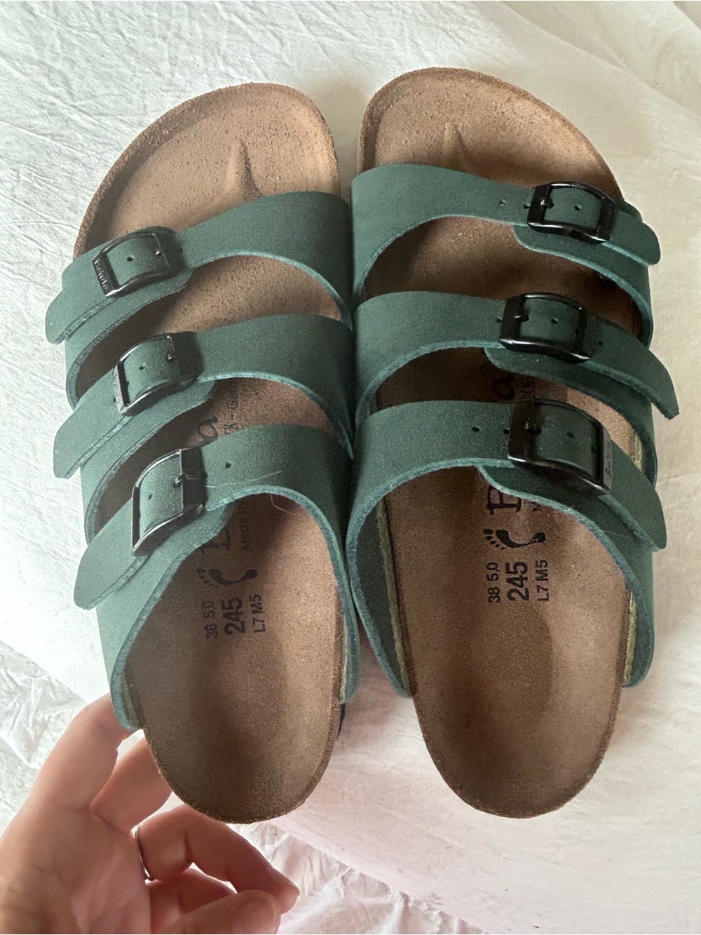 Birkenstock Betula Forest Green Three-Strap Sandals. Size 38 (Women’s 7)
